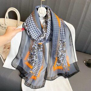 2/$30 NEW Navy Gray Black Gold Rectangle Silky Fashion Scarf Paisley Geometric